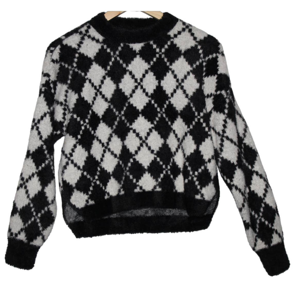 Women's Abercrombie & Fitch Black White Fur Argyle Crew Neck Sweater Top Size XS